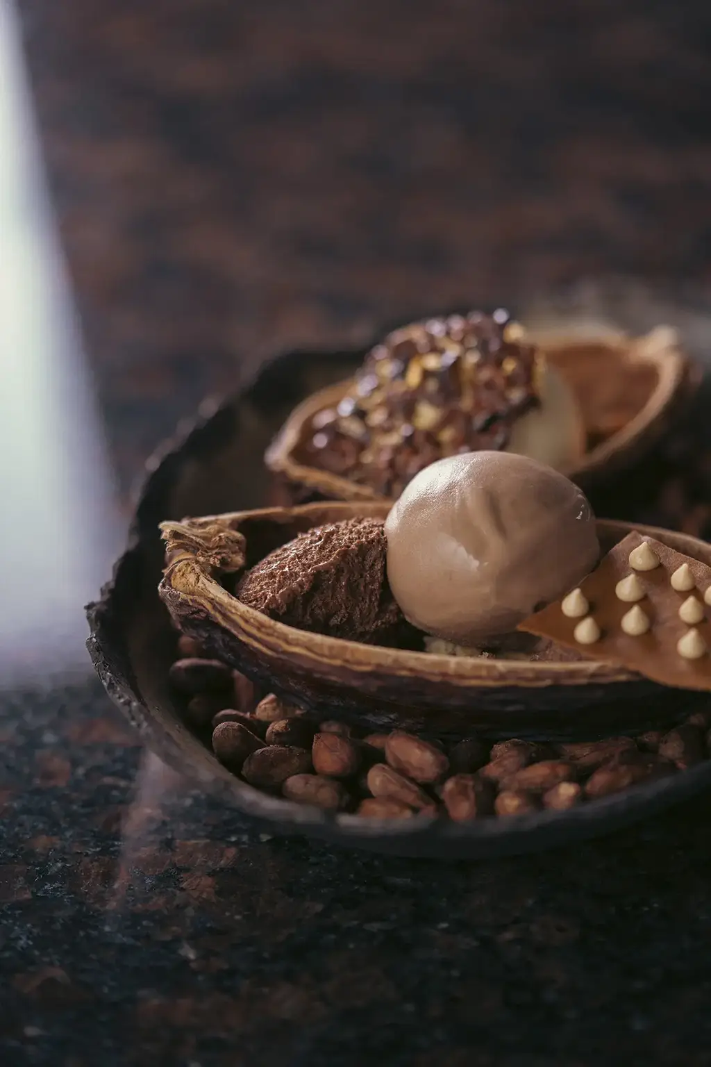 Chocolate dessert in a cacao pod