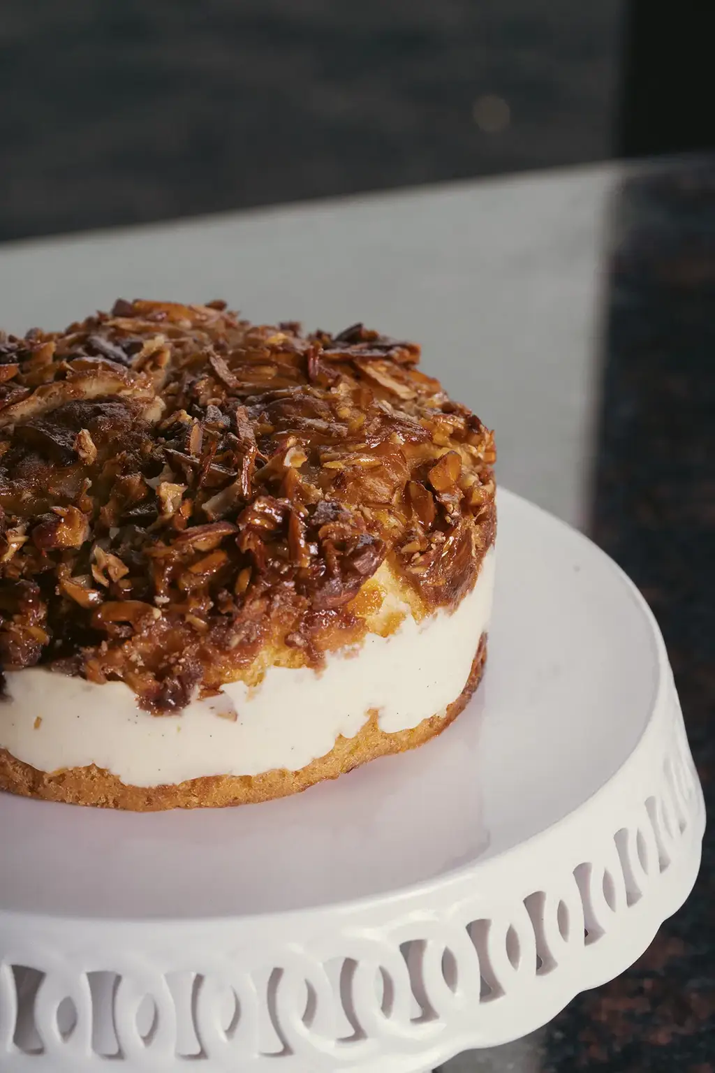 Layered dessert with caramelized topping