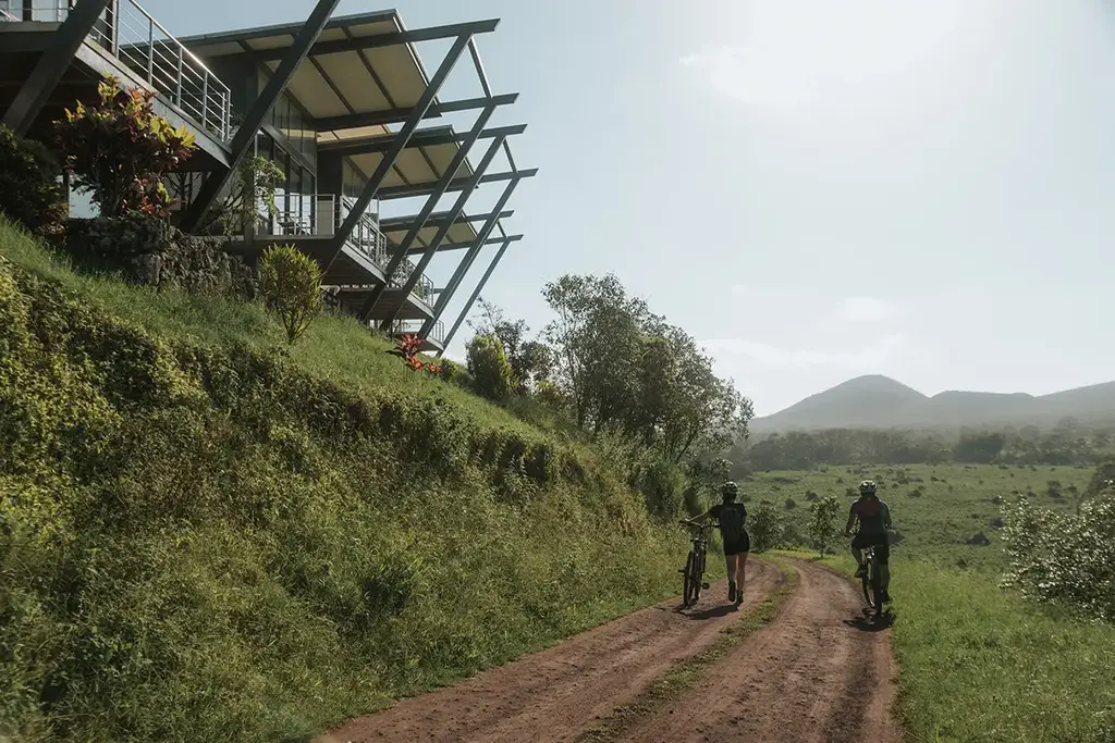 Guests cycling a path below Pikaia Lodge