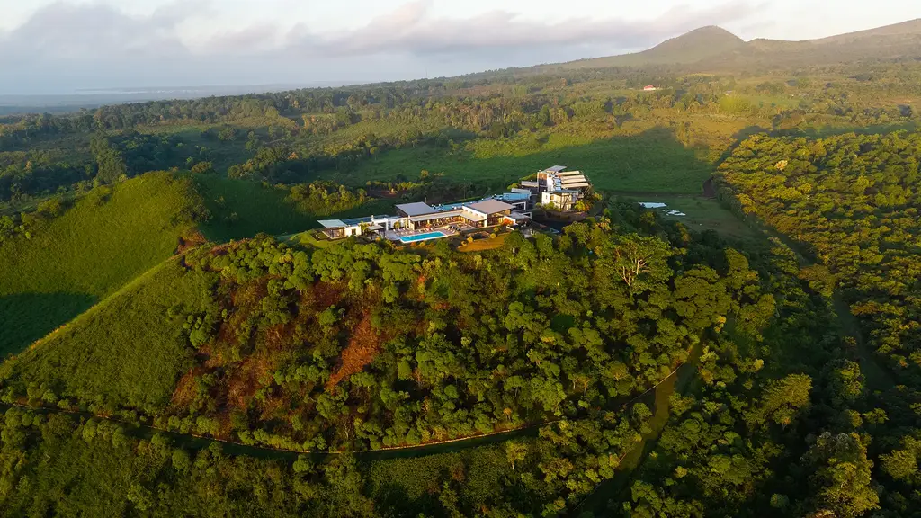 Aerial view of Pikaia Lodge on the Santa Cruz crater rim