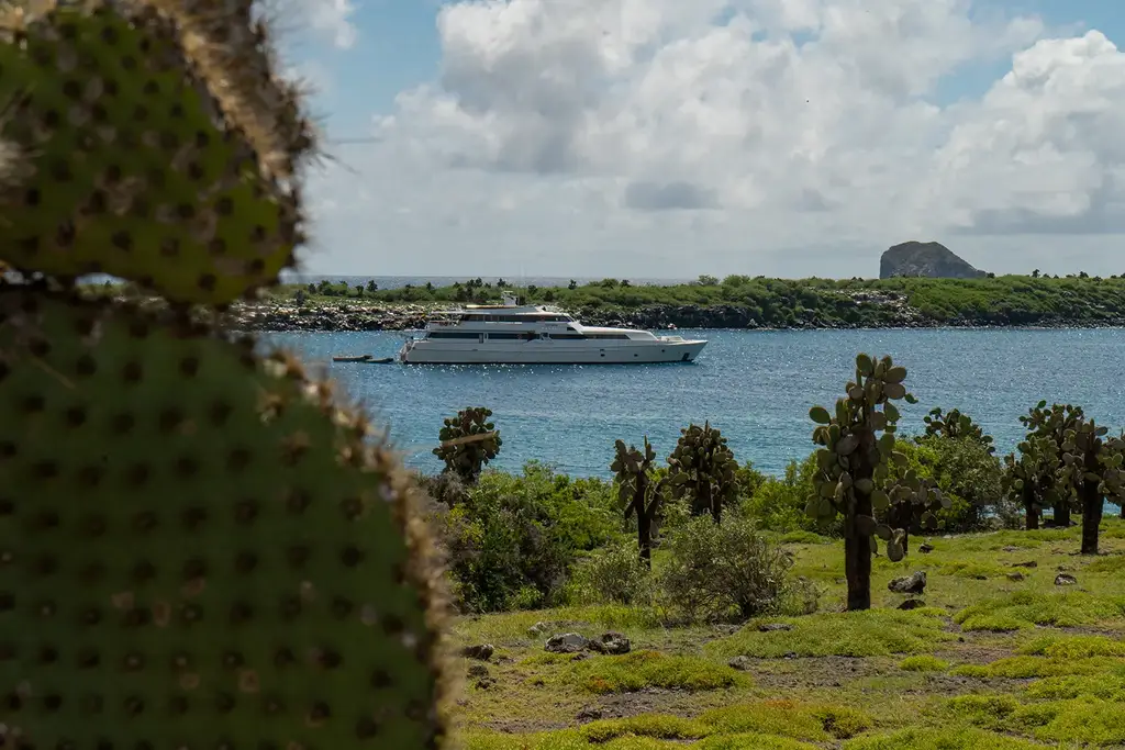 Private yacht off the Galápagos coast with cacti in the foreground