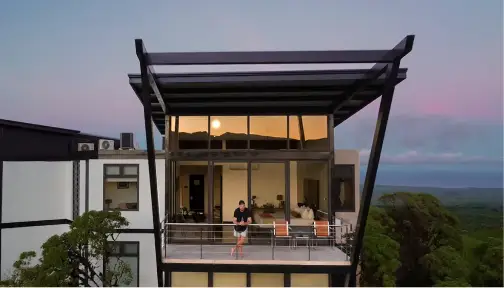 Lodge balcony exterior at dusk