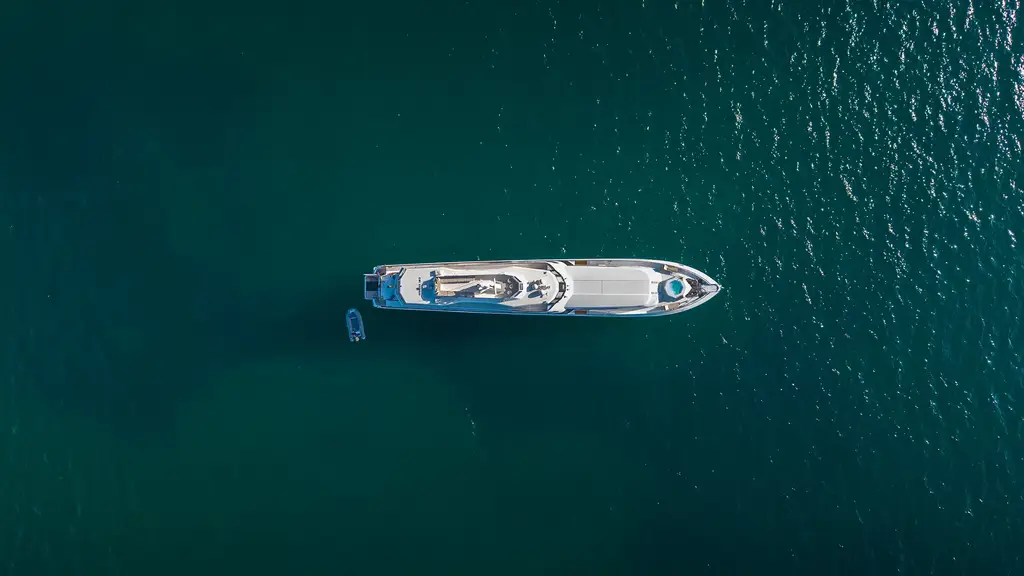 Aerial view of a Pikaia yacht cruising Galápagos waters