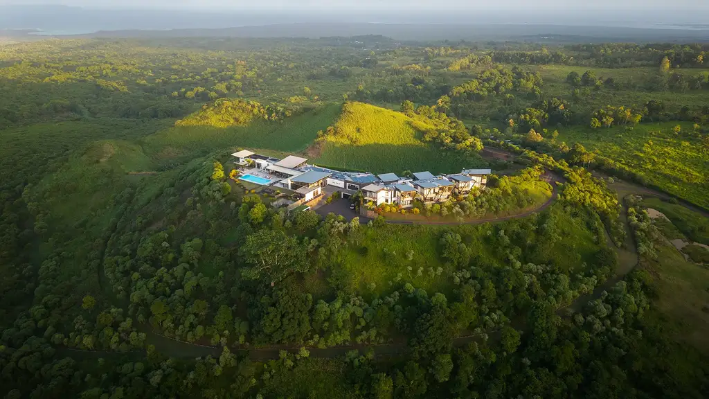 Aerial view of Pikaia Lodge in the Galápagos highlands